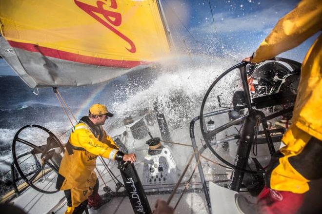 Onboard Abu Dhabi Ocean Racing - Luke Parko Parkinson braces for the next wave as Phil Harmer drives deeper into the Southern Ocean - Leg five to Itajai - Volvo Ocean Race 2015 © Matt Knighton/Abu Dhabi Ocean Racing